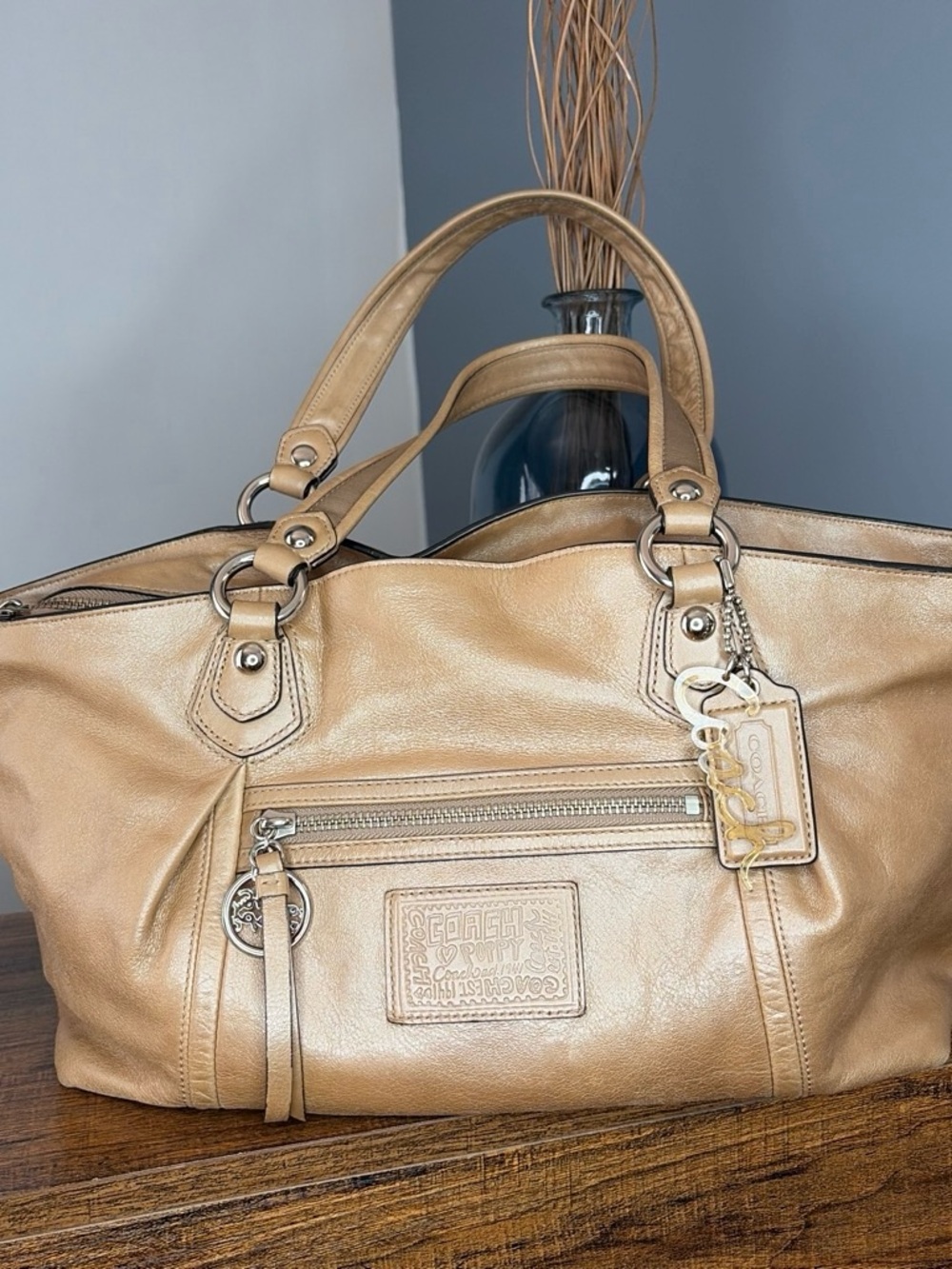 Coach Metallic Tan Leather Tote with Charm Tag